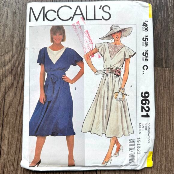 UNCUT Vintage 1980s McCalls 9621 Sewing Pattern Womens Sz M-XL Midi Dress & Belt - Picture 1 of 2